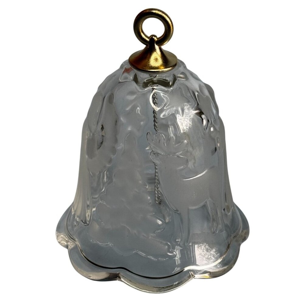 Frosted Glass Bell Ornament Deer & Angel Scene Gold Trim 3.5 Inch - Picture 5 of 6